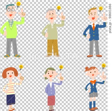 アイデアを思いつく様々な世代の人物のイラストセット アイデアを思いつく様々な世代の人物のイラストセット 98601866