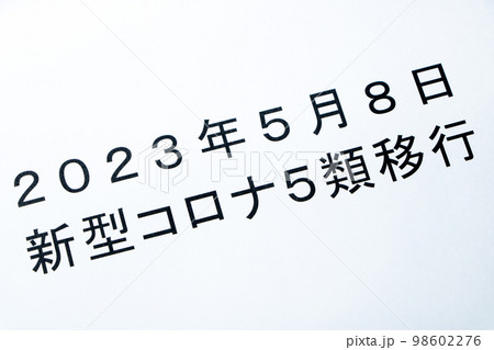 「2023年5月8日新型コロナ5類移行」と書かれた紙。 「2023年5月8日新型コロナ5類移行」と書かれた紙。 98602276