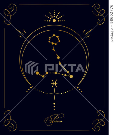 Magic astrology poster with Pisces constellation, tarot card. Golden design on a black background. Vertical illustration, vector Magic astrology poster with Pisces constellation, tarot card. Golden design on a black background. Vertical illustration, vector 98602776