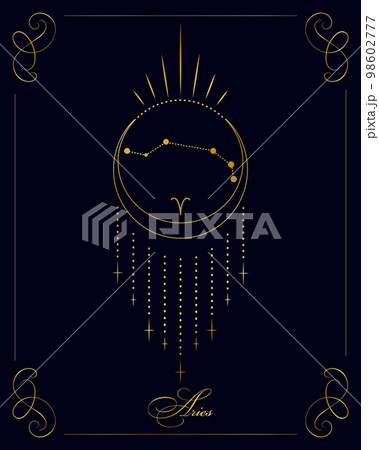 Magic astrology poster with Aries constellation, tarot card. Golden design on a black background. Vertical illustration, vector Magic astrology poster with Aries constellation, tarot card. Golden design on a black background. Vertical illustration, vector 98602777