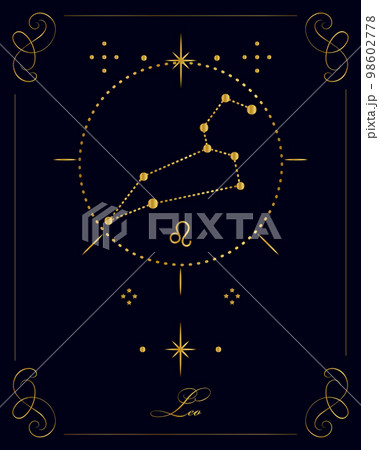 Magic astrology poster with Leo constellation, tarot card. Golden design on a black background. Vertical illustration, vector Magic astrology poster with Leo constellation, tarot card. Golden design on a black background. Vertical illustration, vector 98602778