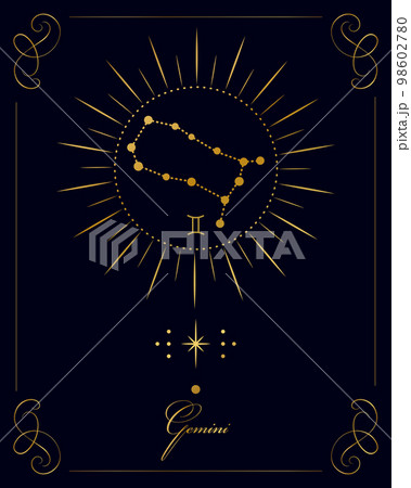 Magic astrology poster with Gemini constellation, tarot card. Golden design on a black background. Vertical illustration, vector 98602780
