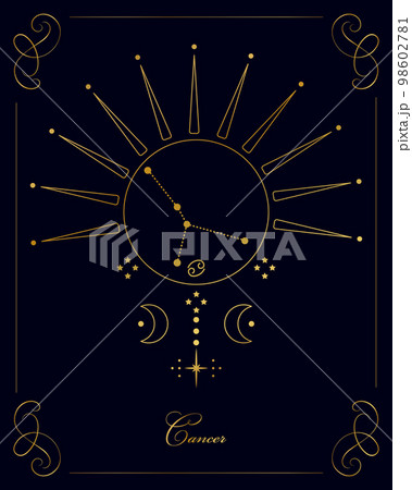 Magic astrology poster with Cancer constellation, tarot card. Golden design on a black background. Vertical illustration, vector Magic astrology poster with Cancer constellation, tarot card. Golden design on a black background. Vertical illustration, vector 98602781