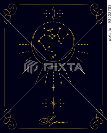 Magic astrology poster with constellation sagittarius, tarot card. Golden design on a black background. Vertical illustration, vector 98602785