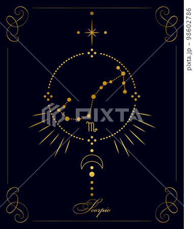 Magic astrology poster with scorpio constellation, tarot card. Golden design on a black background. Vertical illustration, vector 98602786