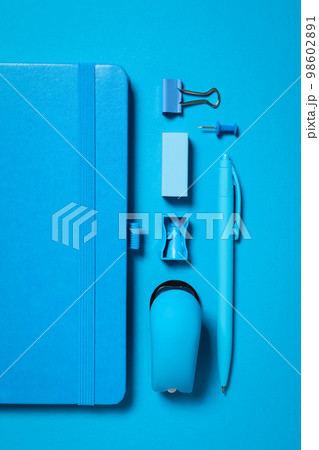Concept of different stationery accessories, top view Concept of different stationery accessories, top view 98602891