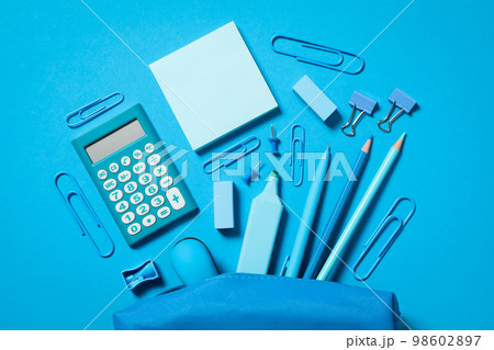 Concept of different stationery accessories, top view 98602897