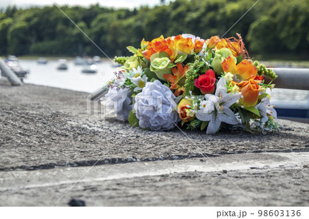 Artificial flowers at Ballina harbour in County Mayo - Ireland 98603136