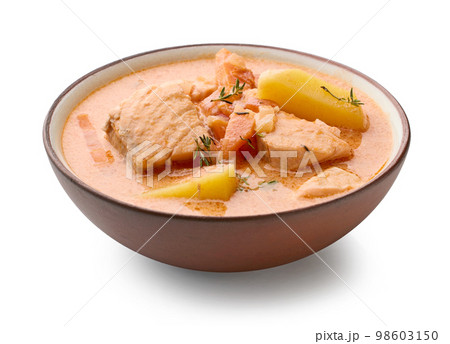 bowl of salmon and tomato soup bowl of salmon and tomato soup 98603150