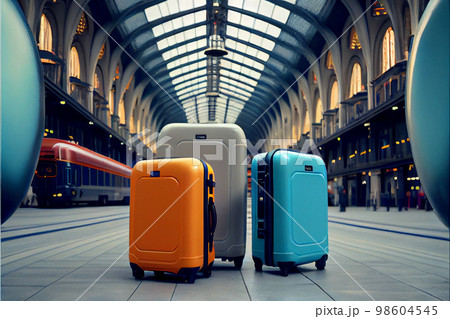 Different suitcases on tile floor 98604545