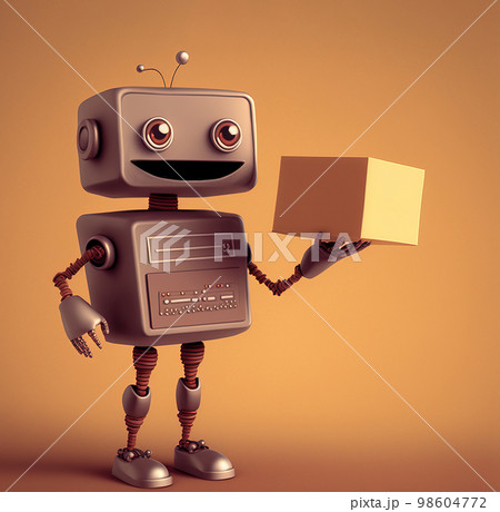 Retro robot holding a blank cardboard box over yellow background with copy space, generative AI illustration 98604772