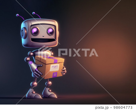 Smiling delivery robot holding a box over dark background with copy space, generative AI illustration 98604773