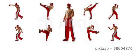 Collage. Studio shots of muscular fit man, professional boxer, mma fighter in red uniform training over white background. Concept of combat sport, strength 98604870
