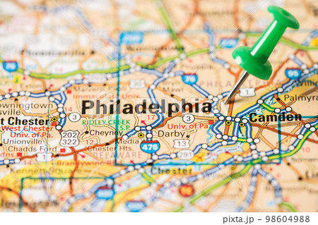 Bangkok, Thailand, June 1, 2022 Philadelphia, road map with green pushpin, city in the United States of America USA. Bangkok, Thailand, June 1, 2022 Philadelphia, road map with green pushpin, city in the United States of America USA. 98604988