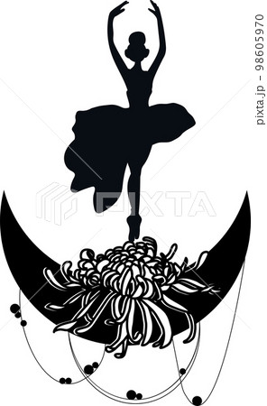 Watercolor dancing pink pretty ballerina with flowers and moon. Watercolor hand drawn illustration. Can be used for cards or posters. With white isolated background. Young  pretty ballerina women. 98605970