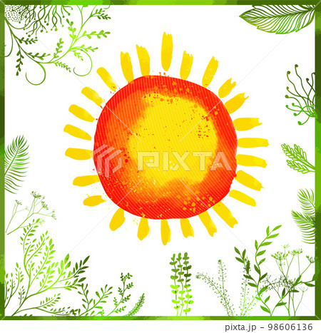 Sun and grass watercolor. Hello summer and spring. Vector illustration 98606136