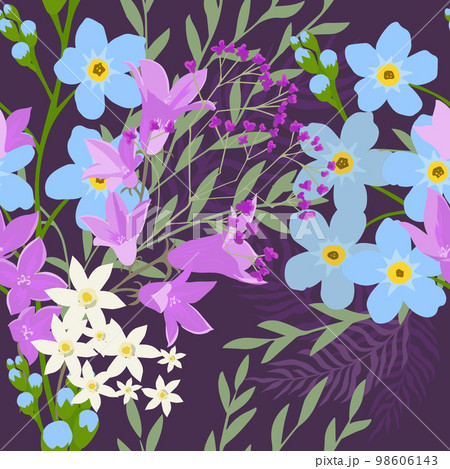 Seamless pattern of forget-me-nots and bluebells on a dark background. Vector illustration Seamless pattern of forget-me-nots and bluebells on a dark background. Vector illustration 98606143