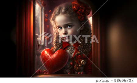 cute curly blonde caucasian girl with red heart shaped object looks expressively, neural network generated art 98606707