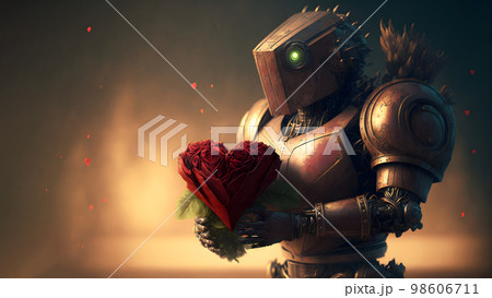 retro-futuristic robot holding large heart-shaped object for valentines day concept , neural network generated art 98606711