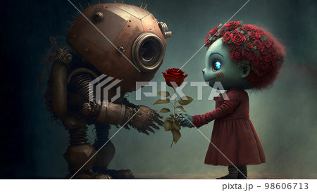 rusty anthropomorphic robot giving a rose to strange blue skin girl with flowers instead head hair, neural network generated art 98606713