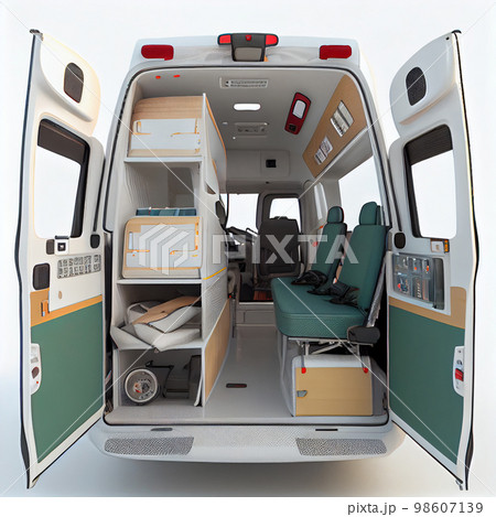 Rear view of the interior of an open ambulance isolated on a white background 98607139