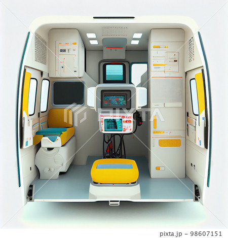 Rear view of the interior of an open ambulance isolated on a white background 98607151