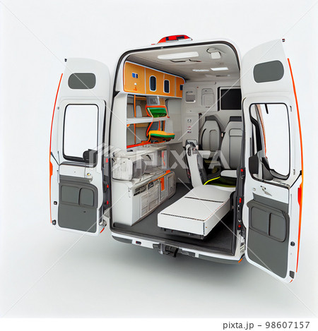 Rear view of the interior of an open ambulance isolated on a white background 98607157
