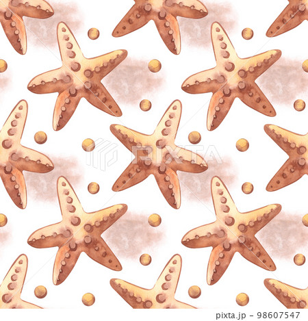 Seamless watercolor pattern on the marine theme. Starfish, powder-colored pearls hand-drawn in watercolor on a white background. Suitable for printing, wallpaper, fabric, scrapbooking and crafts Seamless watercolor pattern on the marine theme. Starfish, powder-colored pearls hand-drawn in watercolor on a white background. Suitable for printing, wallpaper, fabric, scrapbooking and crafts 98607547