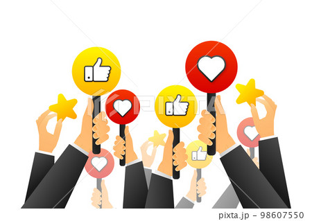 Businessmans Feedback concept. Hands vote, likes and dislikes, hearts and feedback. Social media votes, positive and negative signs. Vector illustration. 98607550