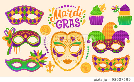 Mardi gras set carnival party design. Fat tuesday, carnival, festival. For greeting card, banner, gift packaging, poster 98607599