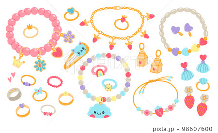 Kids jewelry set. Cartoon drawing of jewelry for children isolated on white. Fashion, jewelry concept 98607600