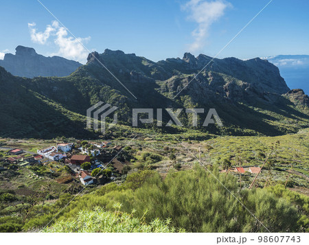 Dramatic lush green picturesque valley with old village Los Carrizales . Landscape with sharp rock formation, hills and cliffs seen from mountain road, Tenerife, Canary Islands, Spain. sunny winter 98607743