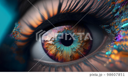 unreal colorful eye of fantastic woman, close-up, neural network generated art 98607851