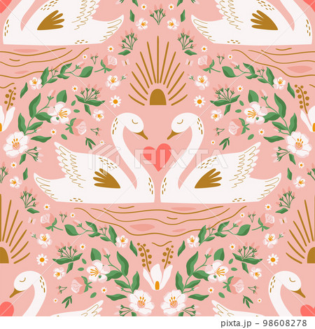 Swan pattern. Cute swan couple pink seamless background, floral branches, heart. Romantic vector print 98608278