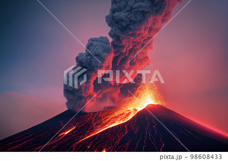 Massive Volcanic Eruption. Boiling Lava Flows...のイラスト素材 [98608433] - PIXTA