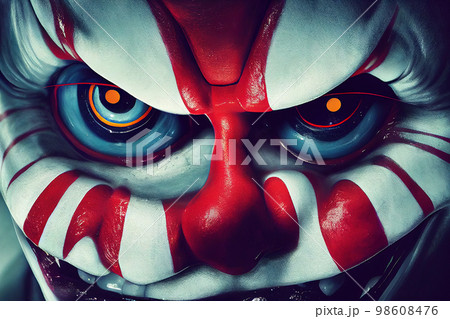 Scary clown face. Clown mutant. Horror movie character. Close-up view. AI-generated 98608476