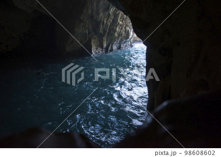Rosh Hanikra grottoes rocks and caves famous nature tourist site (attraction) in north-western Israel (Galilee region), near Nahariya, in Mediterranean Sea. geological creation in coastline (shore). 98608602