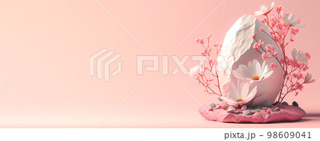 White stones with blossom flowers on pink background. Panoramic banner background with copy space. White stones with blossom flowers on pink background. Panoramic banner background with copy space. 98609041