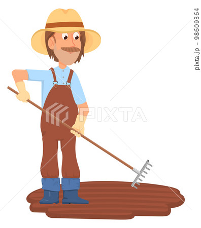 Farmer leveling soil with rake. Cartoon gardener character 98609364