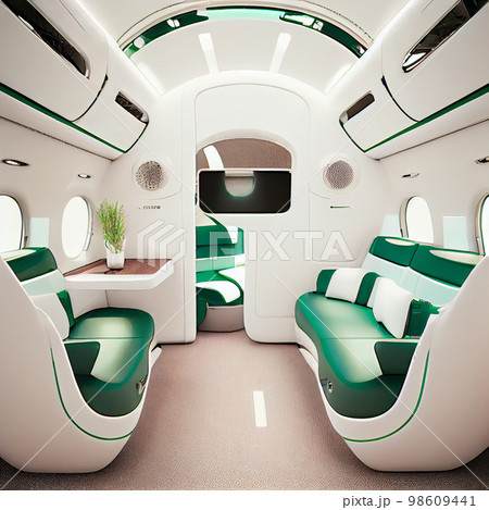Business Interior Jet Airplane in green and white color. 98609441
