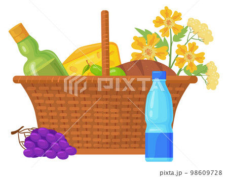 Picnic basket cartoon icon. Wine and cheese picnic 98609728