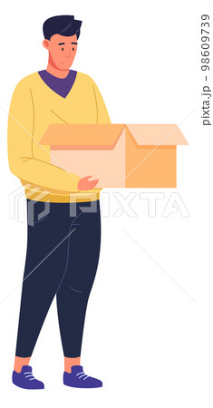 Young man hold open cardboard box. Person with package Young man hold open cardboard box. Person with package 98609739