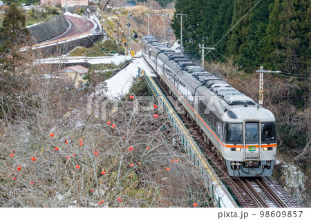 【高山本線】飛騨川と路地裏を通過する特急ひだ 98609857
