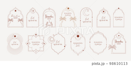 Collection of minimal linear style Islamic Ramadan Kareem logos, windows and arches with modern boho Collection of minimal linear style Islamic Ramadan Kareem logos, windows and arches with modern boho 98610113