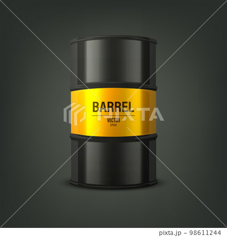 Vector 3d Realistic Black and Yellow Barrel on Black Background. Oil, Liquid, Fuel, Chemical Materials. Design Template of Metal Steel Barrel Closeup. Front View Vector 3d Realistic Black and Yellow Barrel on Black Background. Oil, Liquid, Fuel, Chemical Materials. Design Template of Metal Steel Barrel Closeup. Front View 98611244