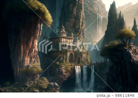 Fantasy town or temple on plateau scene AI generative	 98611846