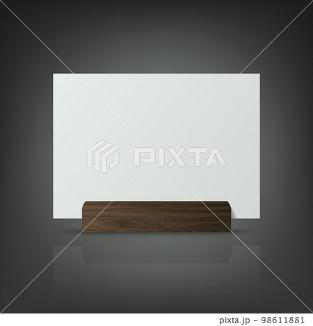 Vector 3d Realistic White Horizontal Empty Blank Paper Sheet, Card on Wooden Holder, Stand Icon Closeup. Design Template for Mockup, Menu Frame, Booklets. Acrylic Tent Card. Front, Side View 98611881