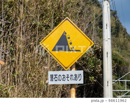 道路標識。本標識(警戒標識)「落石のおそれあり」と補助標識。 98611962