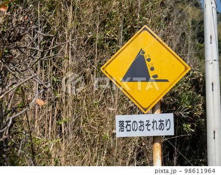 道路標識。本標識(警戒標識)「落石のおそれあり」と補助標識。 98611964
