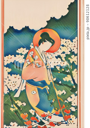 春の浮世絵・日本画｜桜と着物を着た女性のイラスト素材 [98612128